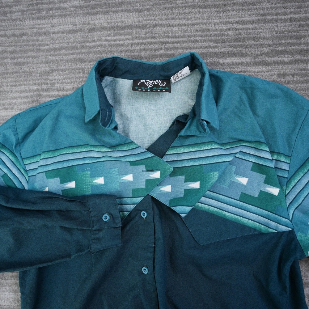 Vintage Roper Border Western Shirt Men Medium Teal Green Southwestern USA Made